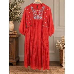 Janasya Red Sheer Boho Festival Party Cottage Floral Embroidered  Dress